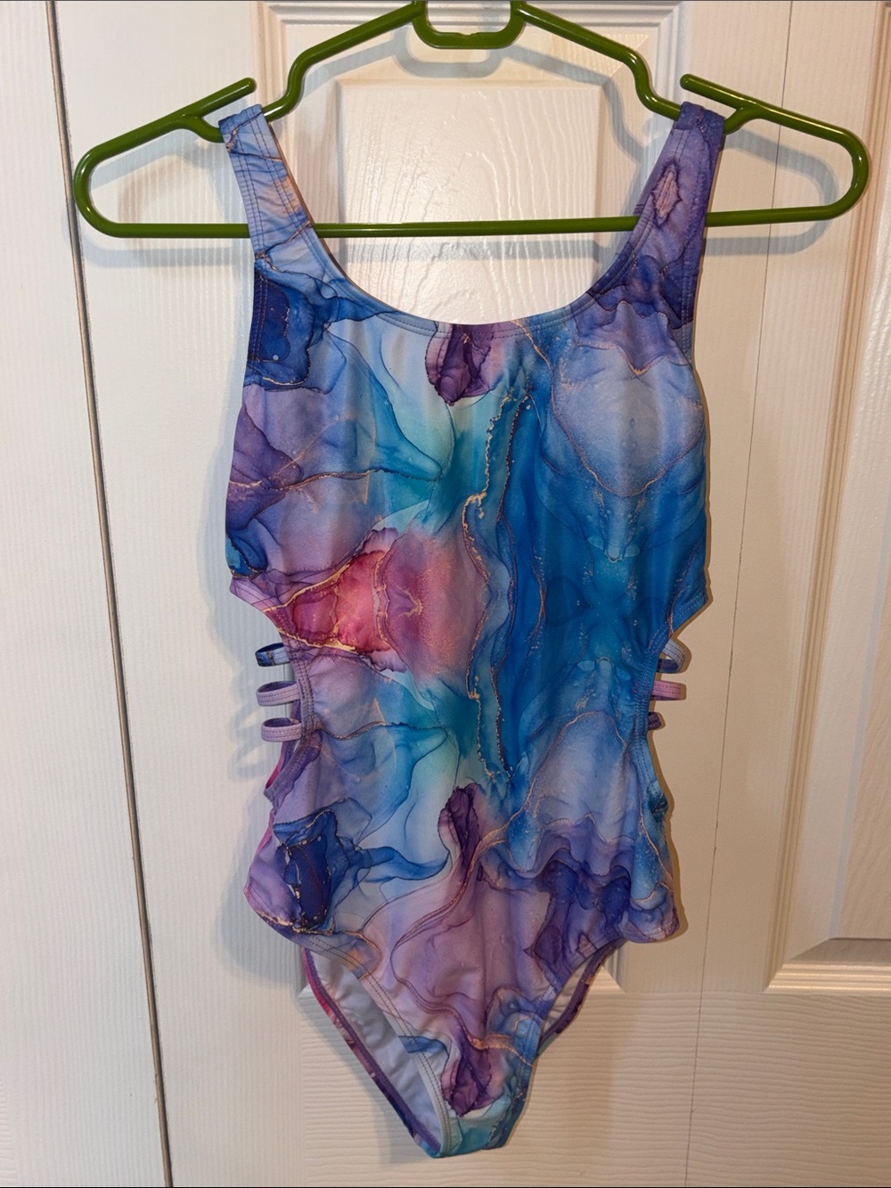 SHEIN Girls Blue Purple Pink Marble One-Piece Swimsuit